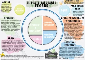 Aquí vemos el "Plato de Harvard Vegano" el cual nos indica la distribución de las comidas en una comida.